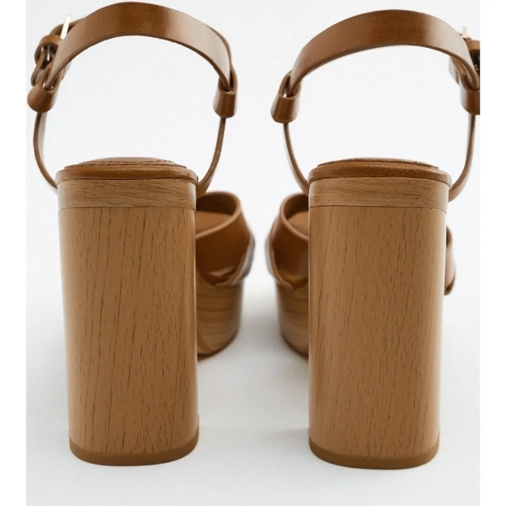 Zara Leather Platform block Wooded heel Crossed Straps sandal Sz-10